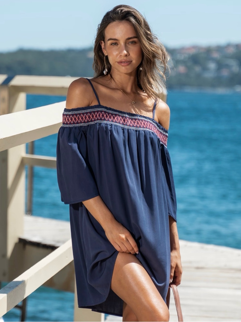 Cupshe Navy Off-Shoulder Embroidered Swim Coverup Dress